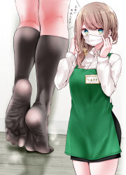 Rule 34 | 1girl, apron, aqua eyes, black socks, breasts, brown hair, commentary request, feet, fine fabric emphasis, foot focus, green apron, highres, kneehighs, kneepits, legs, long hair, looking at viewer, mask, medium breasts, mouth mask, multiple views, no shoes, oouso, original, partially translated, smell, socks, soles, standing, steaming body, surgical mask, thighhighs, thighs, tiptoes, toes, translation request, tsumasaki-san (oouso), white mask