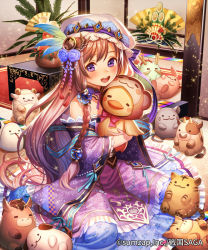 Rule 34 | 1girl, :d, braid, brown hair, chinese zodiac, company name, copyright name, detached collar, dress, esukee, feather hair ornament, feathers, flower, full body, feather hair ornament, hair flower, hair ornament, hat, holding, holding stuffed toy, indoors, kadomatsu, long hair, looking at viewer, mob cap, monkey hood, new year, off shoulder, official art, open mouth, purple dress, purple eyes, sengoku saga, side braid, sitting, smile, solo, stuffed animal, stuffed boar, stuffed rabbit, stuffed cow, stuffed dog, stuffed dragon, stuffed duck, stuffed horse, stuffed mouse, stuffed sheep, stuffed snake, stuffed tiger, stuffed toy, tatami, very long hair, wariza, wide sleeves