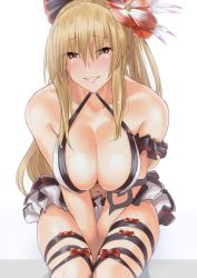Rule 34 | 10s, 1girl, bare shoulders, black bow, black skirt, blonde hair, blush, bow, breasts, brown eyes, cleavage, collarbone, flower, gachou, granblue fantasy, hair bow, hair flower, hair ornament, halterneck, hibiscus, large breasts, leaning forward, long hair, looking at viewer, navel, parted lips, ponytail, red bow, sitting, skirt, smile, solo, sweat, v arms, vira (granblue fantasy), wet, wet hair
