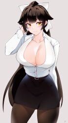 Rule 34 | 1girl, absurdres, azur lane, black hair, black pantyhose, black skirt, blush, bow, breasts, center opening, chiru (218mg), closed mouth, collarbone, collared shirt, hair bow, hand up, high ponytail, highres, large breasts, long hair, long sleeves, looking at viewer, office lady, pantyhose, pencil skirt, shirt, signature, simple background, skirt, solo, takao (azur lane), white bow, white shirt, yellow eyes