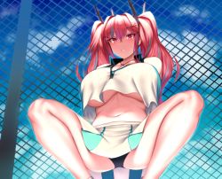 Rule 34 | 1girl, azur lane, bad id, bad pixiv id, bare shoulders, black panties, bow, breasts, bremerton (azur lane), bremerton (scorching-hot training) (azur lane), chain-link fence, ckhd, crop top, crop top overhang, fence, grey hair, hair between eyes, hair bow, hair ornament, hairclip, heart, heart necklace, highres, jewelry, korean commentary, large breasts, long hair, looking at viewer, multicolored hair, necklace, no bra, panties, pantyshot, pink hair, shirt, sitting, sleeveless, sleeveless shirt, sportswear, squatting, streaked hair, tennis uniform, thighs, twintails, two-tone hair, two-tone shirt, two-tone skirt, underboob, underwear, x hair ornament