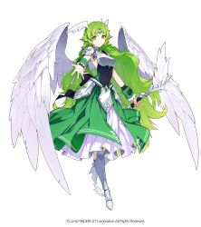 Rule 34 | 1girl, absurdres, angel girl, angel wings, character request, copyright request, dress, full body, green dress, green eyes, green hair, highres, hwansang, long hair, official art, solo, weapon, white background, wings