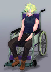 Rule 34 | 1990s (style), 1boy, artist request, blonde hair, blue eyes, cloud strife, final fantasy, final fantasy vii, highres, male focus, mideel, open mouth, retro artstyle, sitting, sleeveless, solo, wheelchair