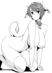 Rule 34 | 10s, 1girl, :o, all fours, animal ears, bad id, bad pixiv id, bell, blush, breasts, buckle, collar, cow ears, cow horns, cow tail, gen (black factory), greyscale, highres, horns, idolmaster, idolmaster cinderella girls, large breasts, monochrome, neck bell, nipples, oikawa shizuku, short hair, solo, tail, thighhighs