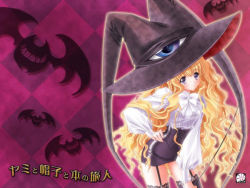 Rule 34 | 1girl, animal, bat (animal), black hat, black skirt, black thighhighs, blonde hair, blue eyes, blush, bow, curly hair, garter belt, garter straps, hand on own hip, hat, holding, lilith (yamibou), lingerie, long hair, long sleeves, looking at viewer, microskirt, miniskirt, oversized hat, pencil skirt, purple background, purple eyes, shirt, skirt, smile, solo, source request, thighhighs, underwear, very long hair, whip, white shirt, witch, witch hat, yami to boushi to hon no tabibito