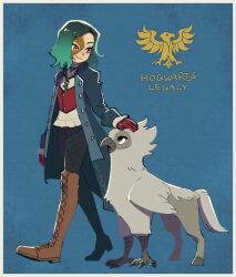 Rule 34 | 1girl, black pants, blue background, blue coat, boots, border, brown footwear, coat, copyright name, cross-laced footwear, green hair, grey eyes, highres, hippogriff, hogwarts legacy, knee boots, lace-up boots, mask, mole, mole under eye, necktie, open mouth, pants, petting, red vest, short hair, smile, ukata, vest, white border, wizarding world, yellow eyes