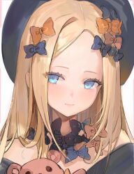 Rule 34 | 1girl, abigail williams (fate), absurdres, beret, black bow, black hat, blue eyes, blush, bow, closed mouth, eyelashes, fate/grand order, fate (series), forehead, freng, hair bow, hat, highres, long hair, multiple hair bows, orange bow, portrait, simple background, solo, stuffed animal, stuffed toy, teddy bear, white background