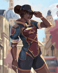 Rule 34 | 1girl, blue eyes, building, commentary, dark-skinned female, dark skin, day, elaimart, english commentary, hand on headwear, hat, highres, looking at viewer, mechanical arms, nail polish, official alternate costume, open hand, outdoors, overwatch, overwatch 2, prosthesis, short shorts, shorts, smile, sojourn (overwatch), solo, standing, upper body, yellow nails