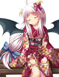 Rule 34 | 1girl, absurdres, ahoge, bad id, bad pixiv id, bat wings, bench, blush, bow, c:, closed eyes, closed mouth, commentary request, dragon poker, facing viewer, floral print, furisode, hair flaps, highres, horn bow, horn ornament, horns, japanese clothes, kimono, long hair, long sleeves, low-tied long hair, low ponytail, minatsuki kou, obi, parted bangs, pointy ears, print bow, print kimono, red bow, red kimono, sash, shiny skin, sidelocks, simple background, sitting, smile, solo, spread wings, very long hair, white background, white hair, wide sleeves, wings