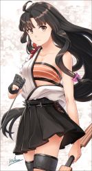 Rule 34 | 1girl, ahoge, arrow (projectile), bandeau, black gloves, black hair, black skirt, blush, bow (weapon), breasts, brown eyes, brown thighhighs, cleavage, closed mouth, gloves, hadanugi dousa, hakama, hakama short skirt, hakama skirt, highres, holding, holding arrow, holding bow (weapon), holding weapon, japanese clothes, kantai collection, kimono, long hair, low-tied long hair, medara, medium breasts, open clothes, open kimono, partially fingerless gloves, pleated skirt, ribbon, shouhou (kancolle), single glove, skirt, solo, tasuki, thighhighs, twitter username, weapon, white background