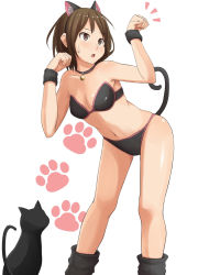 Rule 34 | 1girl, animal ears, bare shoulders, bell, bikini, black bikini, black cat, blush, cat, cat ears, cat paw, cat tail, collar, neck bell, open mouth, original, paw pose, pinkwaters, simple background, solo, sweat, swimsuit, tail