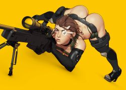 Rule 34 | 1girl, aiming, ass, black footwear, black gloves, black panties, boots, breasts, brown hair, dutch angle, elbow gloves, eyepatch, full body, g-string, gloves, gun, hair slicked back, harness, high heel boots, high heels, highres, jack-o&#039; challenge, jane doe (john doe), john doe, medium breasts, meme, o-ring, one-eyed, original, panties, pigeon-toed, red eyes, revealing clothes, rifle, scope, short hair, simple background, sniper rifle, solo, spread legs, thick thighs, thigh boots, thighhighs, thighs, thong, throat microphone, top-down bottom-up, tripod, underwear, very short hair, weapon, wide spread legs, yellow background