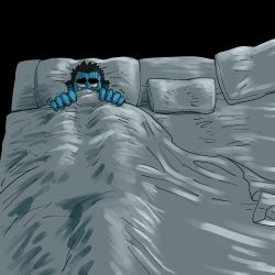 Rule 34 | 1boy, aqua theme, bara, bed, bed sheet, black background, black hair, blue oni, blue oni (chijimetaro), blue skin, blue theme, chijimetaro, colored skin, cover, artistic error, giant, giant male, highres, male focus, no horns, no pupils, oni, original, pillow, scared, solo, spiked hair, tearing up