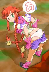 Rule 34 | 1girl, ass, blue shorts, blush, boots, braid, butt crack, full body, gloves, green eyes, long hair, onnaski, panties, pink gloves, rebecca streisand, red hair, shirt, shorts, sidelocks, solo, taut clothes, twin braids, twintails, underwear, undressing, vest, white panties, wild arms, wild arms 5