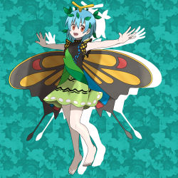 Rule 34 | 1girl, antennae, aqua hair, asatsuki (fgfff), barefoot, butterfly wings, dress, eternity larva, fairy, full body, green dress, hair between eyes, highres, insect wings, leaf, leaf on head, multicolored clothes, multicolored dress, open mouth, orange eyes, outstretched arms, parody, short hair, short sleeves, single strap, smile, solo, spread arms, style parody, sugimori ken (style), teeth, touhou, upper teeth only, wings