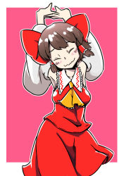 Rule 34 | 1girl, armpits, arms up, ascot, blouse, blush stickers, bow, closed eyes, cowboy shot, detached sleeves, hair bow, hair ribbon, hair tubes, hakurei reimu, highres, red background, red shirt, red skirt, ribbon, shirt, short hair, skirt, skirt set, solo, stretching, touhou, wavy mouth, wide sleeves, zassou maruko