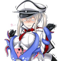 Rule 34 | 1girl, animalization, artist name, black gloves, blonde hair, blush, breasts, capelet, crying, dated, gloves, graf zeppelin (kancolle), hair between eyes, hat, highres, jacket, kantai collection, large breasts, long hair, long sleeves, military, military hat, military uniform, necktie, octopus, peaked cap, sidelocks, signature, simple background, south dakota (kancolle), tentacles, tk8d32, trembling, twintails, uniform, upper body, white background, white headwear