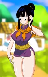 Rule 34 | 1girl, adjusting hair, arm at side, armpits, black eyes, black hair, blurry, blurry background, bracelet, breasts, chi-chi (dragon ball), china dress, chinese clothes, closed mouth, covered erect nipples, day, dragon ball, dragonball z, dress, earrings, feet out of frame, female focus, groin, hair bun, hand up, happy, hazama null, highres, jewelry, large breasts, legs, looking at viewer, no pants, orange scarf, outdoors, panties, scarf, single hair bun, sky, smile, solo, standing, stud earrings, thighs, underwear