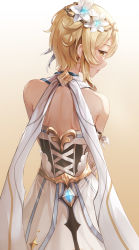Rule 34 | 1girl, back, bare shoulders, blonde hair, blue gemstone, blush, circlet, closed mouth, cowboy shot, dress, flower, from behind, gem, genshin impact, gradient background, hair flower, hair ornament, highres, looking at viewer, looking back, lumine (genshin impact), lunacle, short hair, solo, white dress, white flower, yellow background, yellow eyes