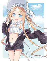 Rule 34 | 1girl, abigail williams (fate), abigail williams (swimsuit foreigner) (fate), abigail williams (swimsuit foreigner) (third ascension) (fate), abigail williams (traveling outfit) (fate), bikini, black jacket, blonde hair, blue eyes, blush, bonnet, bow, chin strap, cloud, commentary request, fate/grand order, fate (series), hair rings, jacket, long hair, looking at viewer, navel, no bangs, off shoulder, official alternate costume, open clothes, open jacket, open mouth, ribbon, sidelocks, sleeves past fingers, sleeves past wrists, smile, solo, strapless, strapless bikini, swimsuit, toto nemigi, twintails, very long hair, white bikini, white bow, white headwear, white ribbon