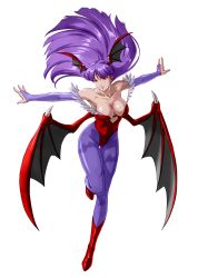 Rule 34 | 1girl, alternate color, alternate hair color, animal print, anime coloring, armpits, artist request, bare shoulders, bat print, bat wings, boots, breasts, bridal gauntlets, capcom, cleavage, demon girl, elbow gloves, female focus, floating hair, full body, gloves, head wings, large breasts, leotard, long hair, morrigan aensland, official art, outstretched arms, pantyhose, patterned legwear, print pantyhose, project x zone, purple hair, purple pantyhose, red eyes, solo, spread arms, standing, standing on one leg, third-party edit, transparent background, vampire (game), wings