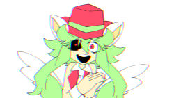 Rule 34 | 1girl, animal ears, blush stickers, breasts, crazy eyes, green hair, hat, leotard, mad rat dead, mouse (animal), mouse ears, mouse girl, nippon ichi, rat god, red eyes, tie clip, wings, wrist cuffs