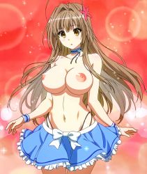 Rule 34 | 1girl, absurdres, amagi brilliant park, blush, breasts, brown hair, cleavage, cosplay, curvy, derivative work, gradient background, hair ornament, highres, large breasts, long hair, navel, nipples, nude filter, parted lips, screenshot redraw, sento isuzu, skirt, solo, third-party edit, topless, wide hips, yellow eyes