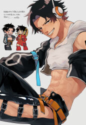 Rule 34 | 2boys, abs, belt, black hair, blush stickers, brothers, clenched hands, coat, crop top, cropped hoodie, diamond-shaped pupils, diamond (shape), freckles, gloves, grey background, grin, headphones, highres, hood, hoodie, jacket, kameoka908, leather, leather pants, male focus, monkey d. luffy, multiple boys, navel, one piece, open clothes, open jacket, pants, portgas d. ace, scar, siblings, side slit, simple background, sitting, smile, symbol-shaped pupils, toned, toned male, zipper, zipper pull tab