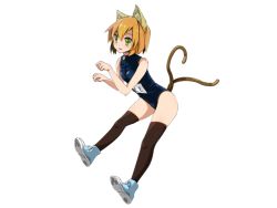 1girl animal_ear_fluff animal_ears blonde_hair brown_thighhighs cat_ears cat_girl cat_tail female_focus full_body green_eyes legs legs_apart multiple_tails official_art paw_pose short_hair simple_background sister_travel smile solo swimsuit tagme tail thighhighs thighs transparent_background wolf_rpg_editor