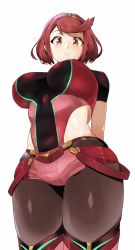 Rule 34 | 1girl, unworn armor, bob cut, breasts, chest jewel, earrings, highres, jewelry, large breasts, pantyhose under shorts, monkey jon, nintendo, pantyhose, pyra (xenoblade), red eyes, red hair, red thighhighs, short hair, short shorts, short sleeves, shorts, smile, super smash bros., swept bangs, thighhighs, thighhighs over pantyhose, tiara, underbust, xenoblade chronicles (series), xenoblade chronicles 2