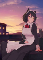 Rule 34 | 1girl, absurdres, animal, animal ears, animal on lap, apron, arapi, black dress, black hair, blush, bob cut, bow, bowtie, breasts, cat, cat ears, cat on lap, cloud, collared shirt, commentary, dress, frilled apron, frills, frown, highres, house, large breasts, looking away, maid, on lap, original, outdoors, red bow, red bowtie, shirt, sitting, sky, solo, sunset, yellow eyes