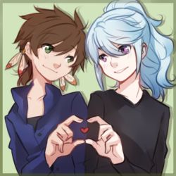 Rule 34 | 10s, 2boys, bishounen, blue hair, brown hair, feathers, green eyes, heart, heart hands, heart hands duo, lowres, male focus, mikleo (tales), multiple boys, ponytail, purple eyes, simple background, smile, sorey (tales), spoilers, tales of (series), tales of zestiria, tusia, yaoi