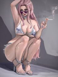 Rule 34 | 1girl, absurdres, alternate costume, arm up, armpits, between fingers, bikini, breasts, cigarette, commentary request, feet, fingernails, forehead, high heels, highres, hina (one piece), holding, holding cigarette, large breasts, legs, long hair, mole, mole on breast, nail polish, one piece, pink hair, sandals, silver bikini, smoking, solo, squatting, strappy heels, stupidtako, swimsuit, toenail polish, toenails, toes, twitter username, very long hair