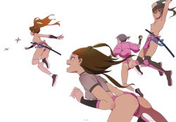 Rule 34 | 4girls, ass, black hair, boots, breasts, brown hair, covered erect nipples, crop top, female focus, fighting stance, fundoshi, headband, highres, japanese clothes, jumping, katana, kunoichi, long hair, mebae, multiple girls, ninja, nipples, open mouth, original, partially visible vulva, profile, sheath, sheathed, shoes, shuriken, side ponytail, simple background, small breasts, socks, sword, tan, tanline, thigh boots, thighhighs, topless, weapon, white background
