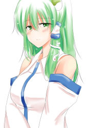 Rule 34 | 1girl, bare shoulders, blush, breasts, detached sleeves, frog hair ornament, green eyes, green hair, hair ornament, kochiya sanae, large breasts, looking at viewer, matching hair/eyes, pirorun, simple background, smile, snake hair ornament, solo, touhou, upper body, white background