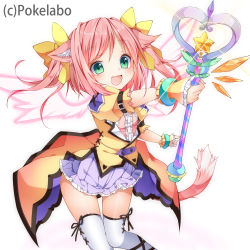 Rule 34 | 1girl, animal ears, bad id, bad pixiv id, bow, bracelet, green eyes, hair bow, jewelry, magical girl, official art, original, pink hair, pink wings, rengeki no bravehearts, simple background, solo, star (symbol), tail, text focus, toma tokage, wand, wings