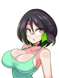 Rule 34 | 1girl, artist request, black hair, breasts, brown eyes, bursting breasts, character request, cleavage, glasses, highres, large breasts, open mouth, original, short hair, solo, tank top