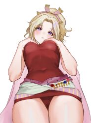 Rule 34 | 1girl, absurdres, blonde hair, blush, breasts, cape, covered navel, dress, final fantasy, final fantasy vi, hands on own breasts, highres, looking at viewer, panties, parted lips, ponytail, purple eyes, red panties, short dress, sleeveless, sleeveless dress, solo, tina branford, underwear, upskirt, white background, yua 666666