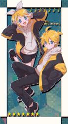 Rule 34 | 1boy, 1girl, ahoge, anniversary, bare legs, black jacket, black pants, blonde hair, blue eyes, blush, bow, chromatic aberration, double w, eighth note, hair bow, hair ornament, hairclip, hands in pocket, hands up, highres, hood, hoodie, jacket, kagamine len, kagamine rin, leg up, looking at viewer, multicolored clothes, multicolored jacket, musical note, nzeneee, open mouth, pants, pixelated, shoes, short ponytail, shorts, smile, sneakers, star (symbol), swept bangs, two-tone jacket, vocaloid, w, white hoodie