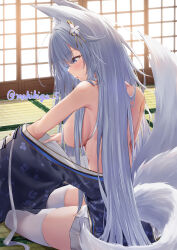 Rule 34 | 1girl, absurdres, animal ears, azur lane, bare shoulders, blue eyes, blue kimono, blush, breasts, commentary request, day, dressing, facing to the side, flower, fox ears, fox girl, fox tail, from behind, from side, full body, hair censor, hair flower, hair ornament, hair over breasts, hairpin, highres, indoors, japanese clothes, kimono, kitsune, large breasts, long hair, looking down, makihige, multiple tails, no bra, off shoulder, on ground, parted lips, shinano (azur lane), sideboob, sitting, skindentation, solo, tail, thighhighs, topless, undressing, very long hair, white hair
