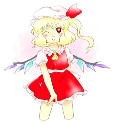 Rule 34 | 1girl, ;d, ascot, blonde hair, blush, bright pupils, cropped legs, flandre scarlet, hat, hat ribbon, long hair, mob cap, nonamejd, official style, one eye closed, open mouth, puffy short sleeves, puffy sleeves, red eyes, red ribbon, red skirt, red vest, ribbon, shirt, short sleeves, side ponytail, skirt, skirt set, smile, solo, touhou, vest, white hat, white pupils, white shirt, wings, yellow ascot, zun (style)
