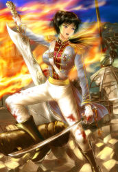 Rule 34 | 1girl, black hair, blood, boots, breasts, cannon, charge, debris, fire, large breasts, long hair, lowres, military, military uniform, purple eyes, rubble, ruins, s zenith lee, solo, standing, sword, uniform, war, weapon