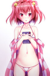 Rule 34 | 1girl, bell, bikini, blush, book, breasts, cameltoe, ebi 193, covered erect nipples, hair bell, hair ornament, jingle bell, long hair, looking at viewer, micro bikini, motoori kosuzu, navel, open mouth, red eyes, red hair, small breasts, solo, swimsuit, touhou, twintails, two side up, white bikini