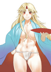 Rule 34 | 1girl, abs, blonde hair, blue robe, blush, breasts, breasts apart, censored, covering privates, cup, fang, fundoshi, hand on own hip, highres, hihiyama yokikana, holding, holding cup, horns, hoshiguma yuugi, japanese clothes, large breasts, long hair, navel, oni horns, open clothes, open robe, pointy ears, red eyes, robe, sakazuki, single horn, solo, touhou, very long hair
