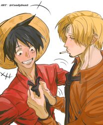 Rule 34 | 2boys, absurdres, adjusting another&#039;s clothes, adjusting clothes, adjusting necktie, black hair, black necktie, blonde hair, blush, cigarette, commentary request, curly eyebrows, dressing another, facial hair, facial scar, grin, hair over one eye, hat, highres, long sleeves, male focus, monkey d. luffy, mouth hold, multiple boys, necktie, one piece, orange shirt, red shirt, rita ya, sanji (one piece), scar, scar on cheek, scar on face, shirt, short hair, smile, straw hat, teeth, twitter username, yaoi