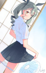 Rule 34 | 10s, 1girl, anchovy (girls und panzer), artist name, black skirt, blush, bra, bra strap, clothes lift, cowboy shot, donkey0 0, dress shirt, drill hair, dutch angle, electric fan, embarrassed, fanning crotch, girls und panzer, green hair, hair ribbon, indoors, long hair, looking at viewer, looking back, miniskirt, panties, panty pull, parted lips, pleated skirt, red eyes, ribbon, school uniform, see-through, shirt, short sleeves, skirt, skirt lift, solo, standing, twin drills, twintails, underwear, wet, wet clothes, wet shirt, white panties, white shirt