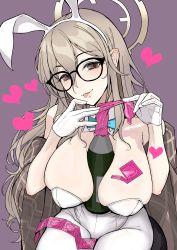 Rule 34 | 1girl, akane (blue archive), akane (bunny) (blue archive), alcohol, animal ears, between breasts, blue archive, blush, bottle, breasts, brown hair, condom, condom packet strip, condom wrapper, fake animal ears, glasses, gloves, hair between eyes, heart, highres, holding, holding condom, large breasts, leotard, long hair, looking at viewer, mapputatsu (freewilly), necktie, necktie between breasts, playboy bunny, rabbit ears, simple background, smile, solo, spoken heart, tongue, tongue out, very long hair, white gloves