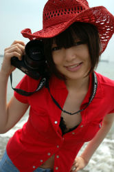Rule 34 | 1girl, asian, bare legs, beach, black bra, black hair, bra, breasts, camera, cowboy hat, denim, hat, lingerie, looking at viewer, namada, open clothes, open shirt, outdoors, photo (medium), red shirt, shirt, short hair, short sleeves, shorts, small breasts, smile, solo, standing, underwear