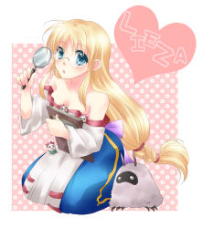 Rule 34 | 1girl, arc the lad, arc the lad ii, bare shoulders, blonde hair, blue eyes, blush, book, braid, dress, female focus, full body, glasses, i-k, lieza (arc the lad), long hair, magnifying glass, monster, single braid, sitting, solo