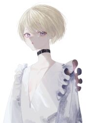 Rule 34 | 1girl, absurdres, androgynous, black choker, blonde hair, choker, dress, expressionless, flat chest, highres, looking at viewer, msa (fary white), original, purple eyes, short hair, simple background, slit pupils, solo, upper body, white background, white dress